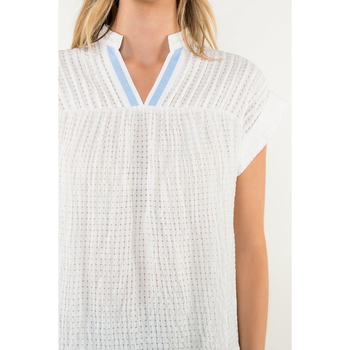 Short Sleeve Gingham Top - White