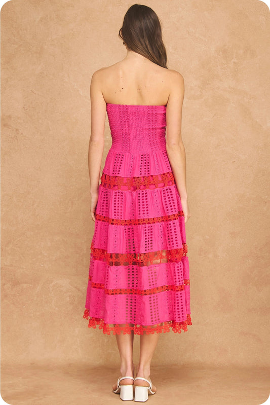 Color Block Smocked Eyelet Tube Midi Dress - Fuchsia/Red