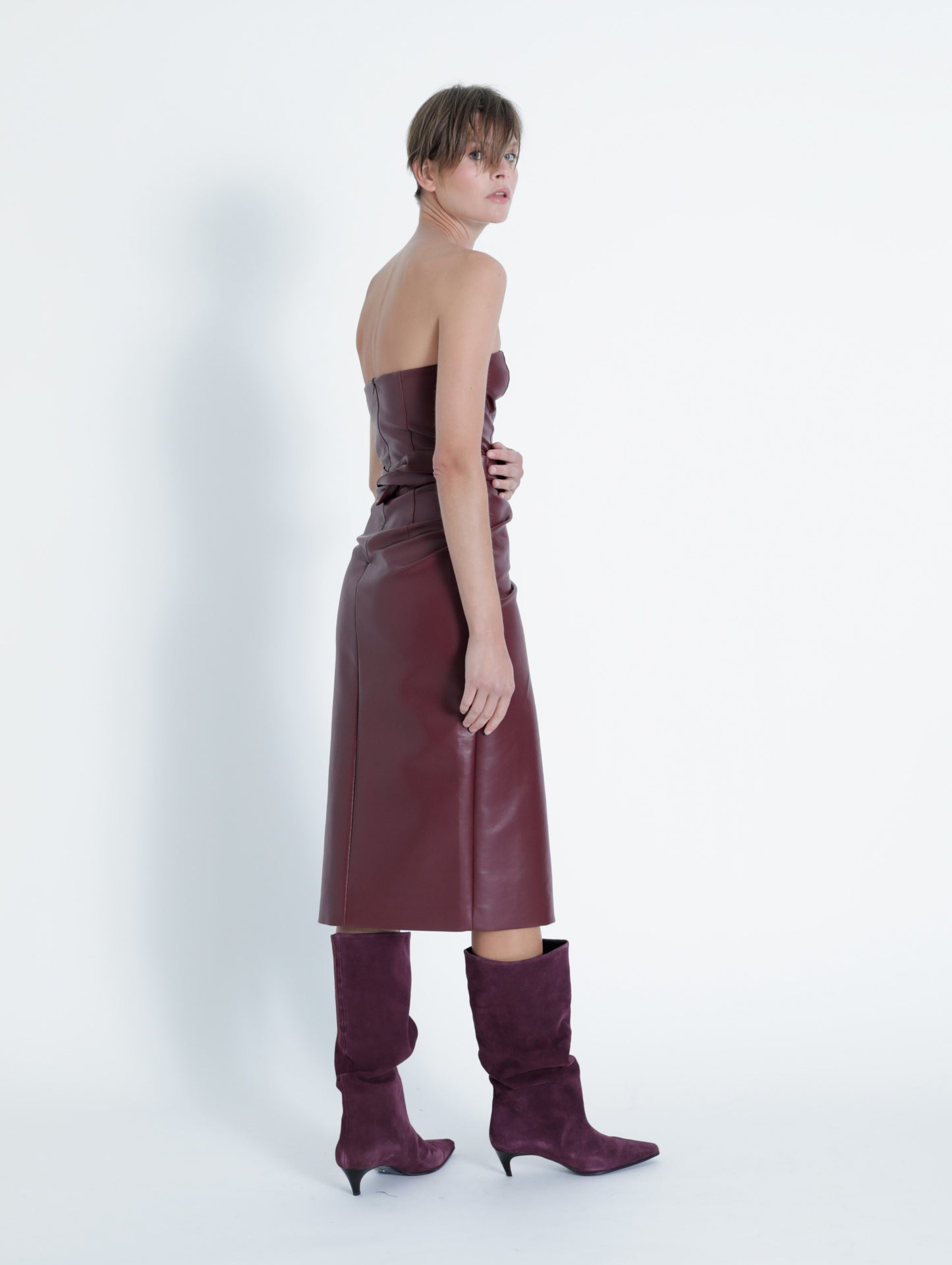 Samantha Strapless Vegan Leather Midi Dress - Malbec