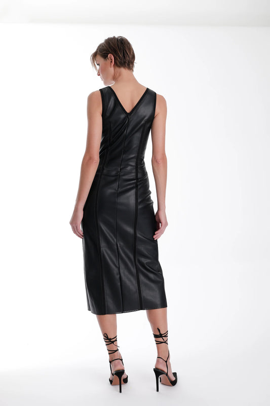 Mona Vegan Leather Midi Dress - Black