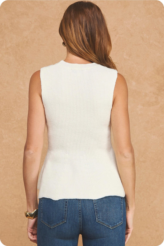 Sleeveless Cable Knit Peplum Sweater Top - Cream