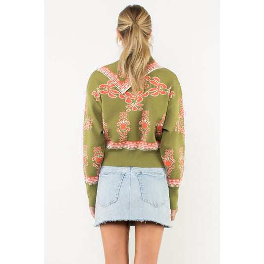 Long Sleeve Print Sweater - Olive