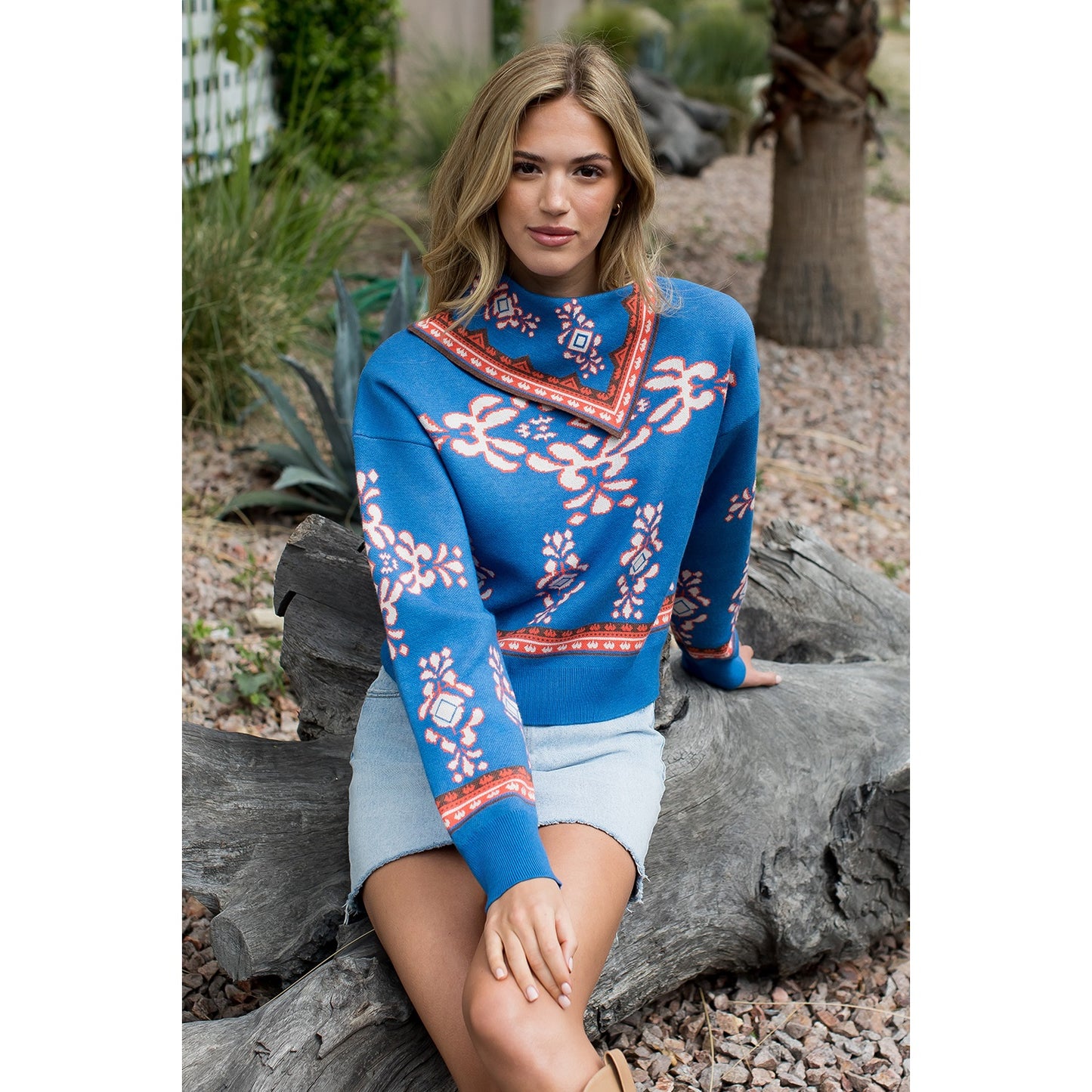 Long Sleeve Print Sweater - Blue