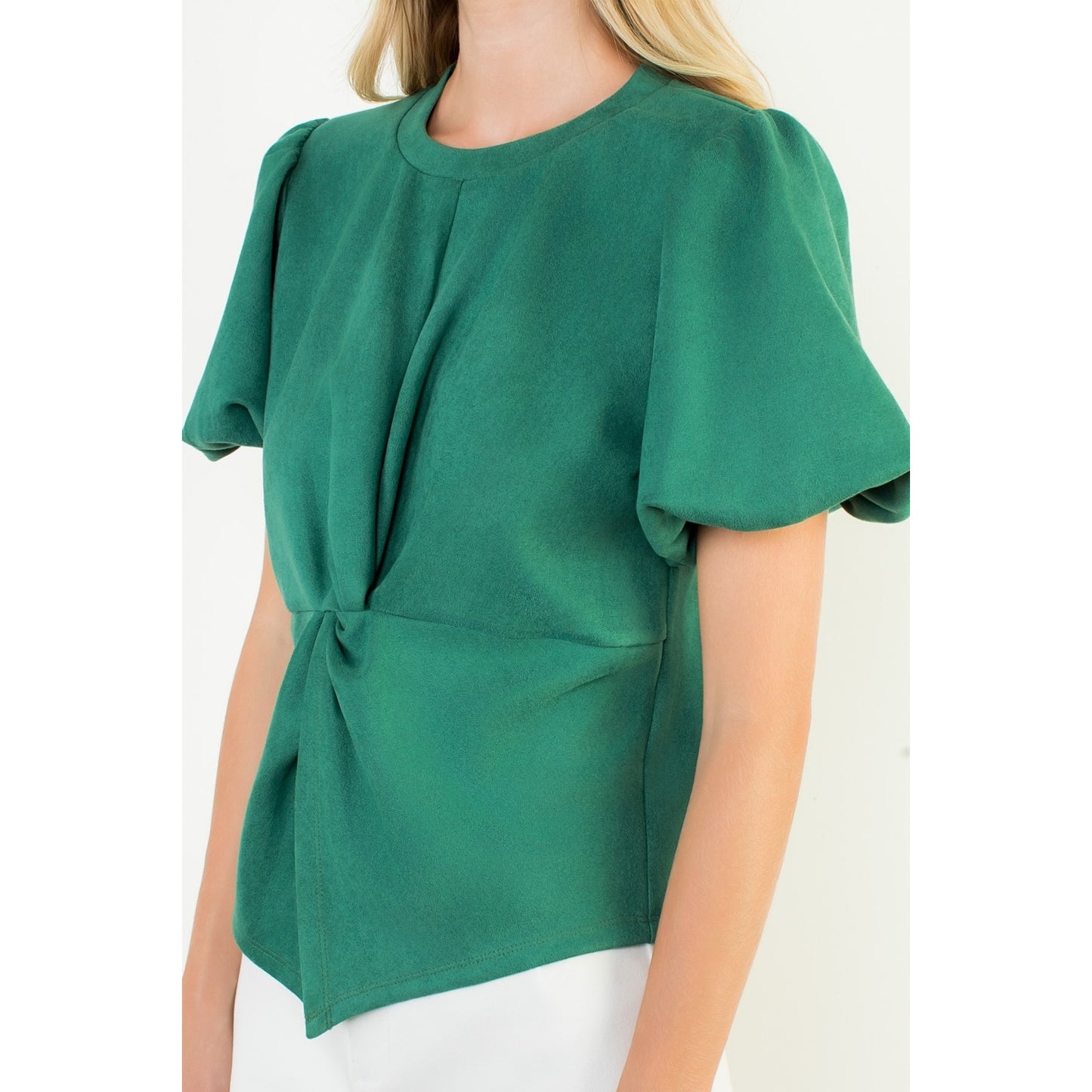 Puff Sleeve Twisted Detail Suede Top - Green