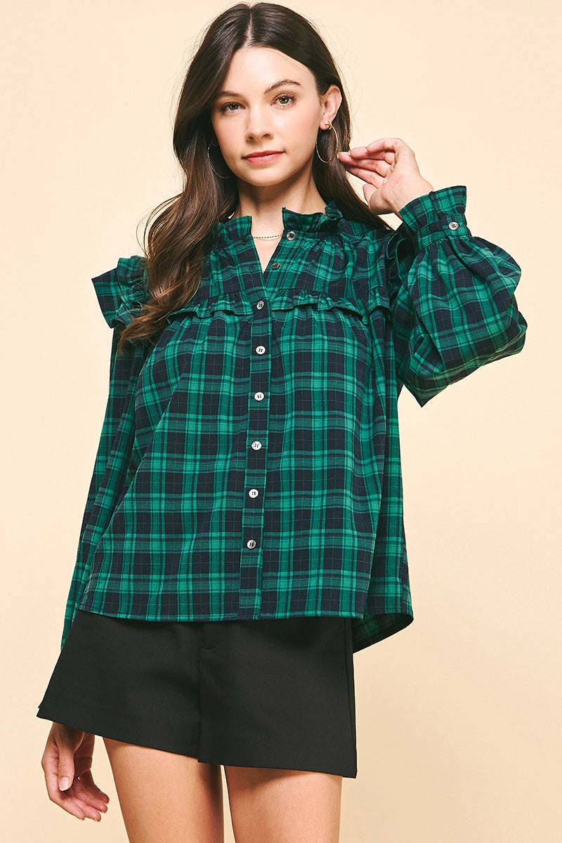 3/4 Sleeves Ruffle Plaid Blouse - Green