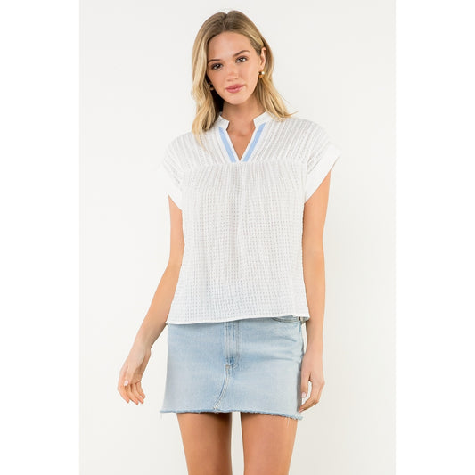 Short Sleeve Gingham Top - White