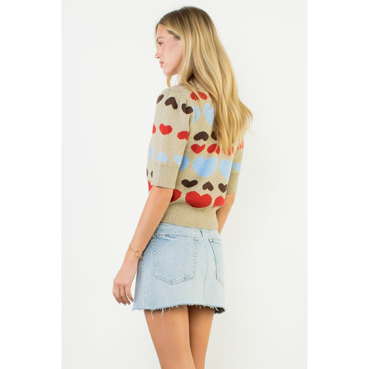 Short Sleeve Heart Knit Top - Taupe