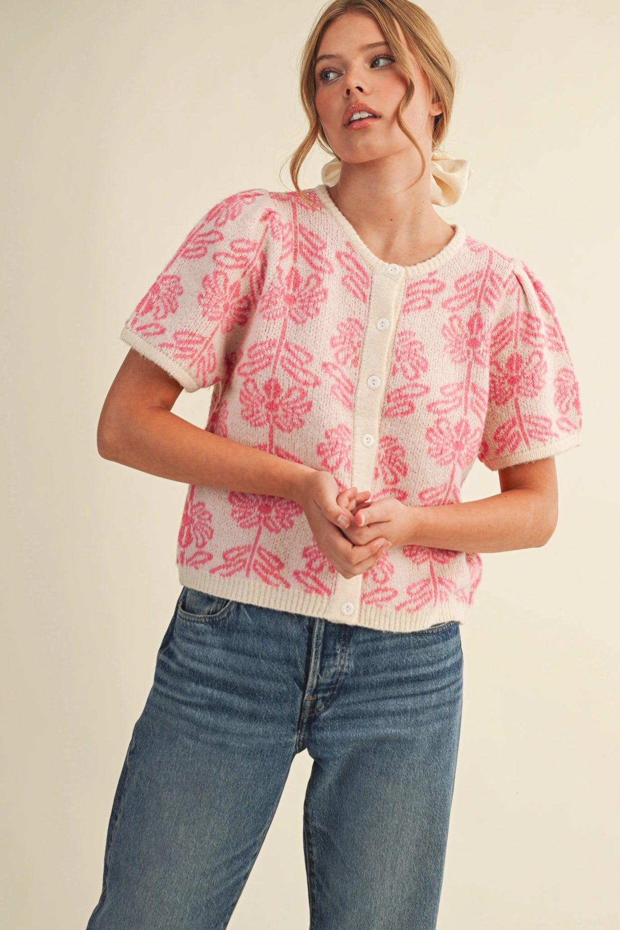 Floral Knit Short Puff Sleeve Sweater Cardigan - Pink