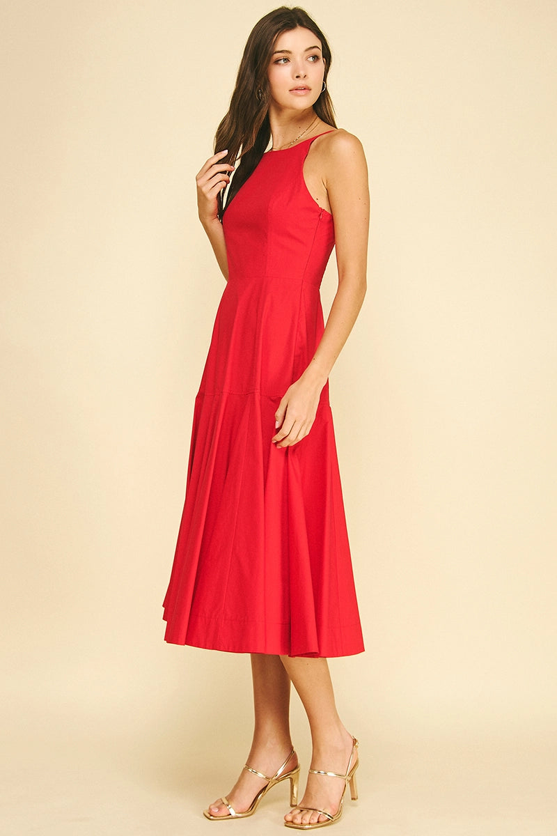Halter Neck A-Line Midi Dress - Red