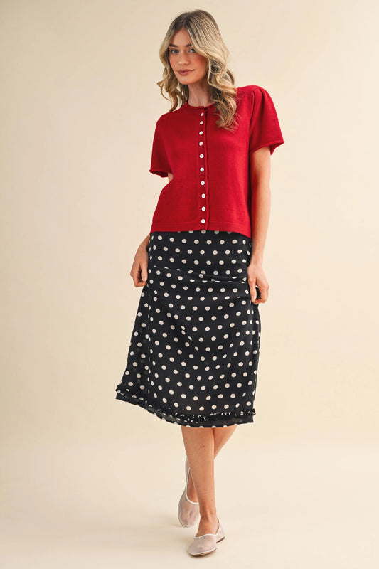 Short Sleeve Sweater Cardigan - Red