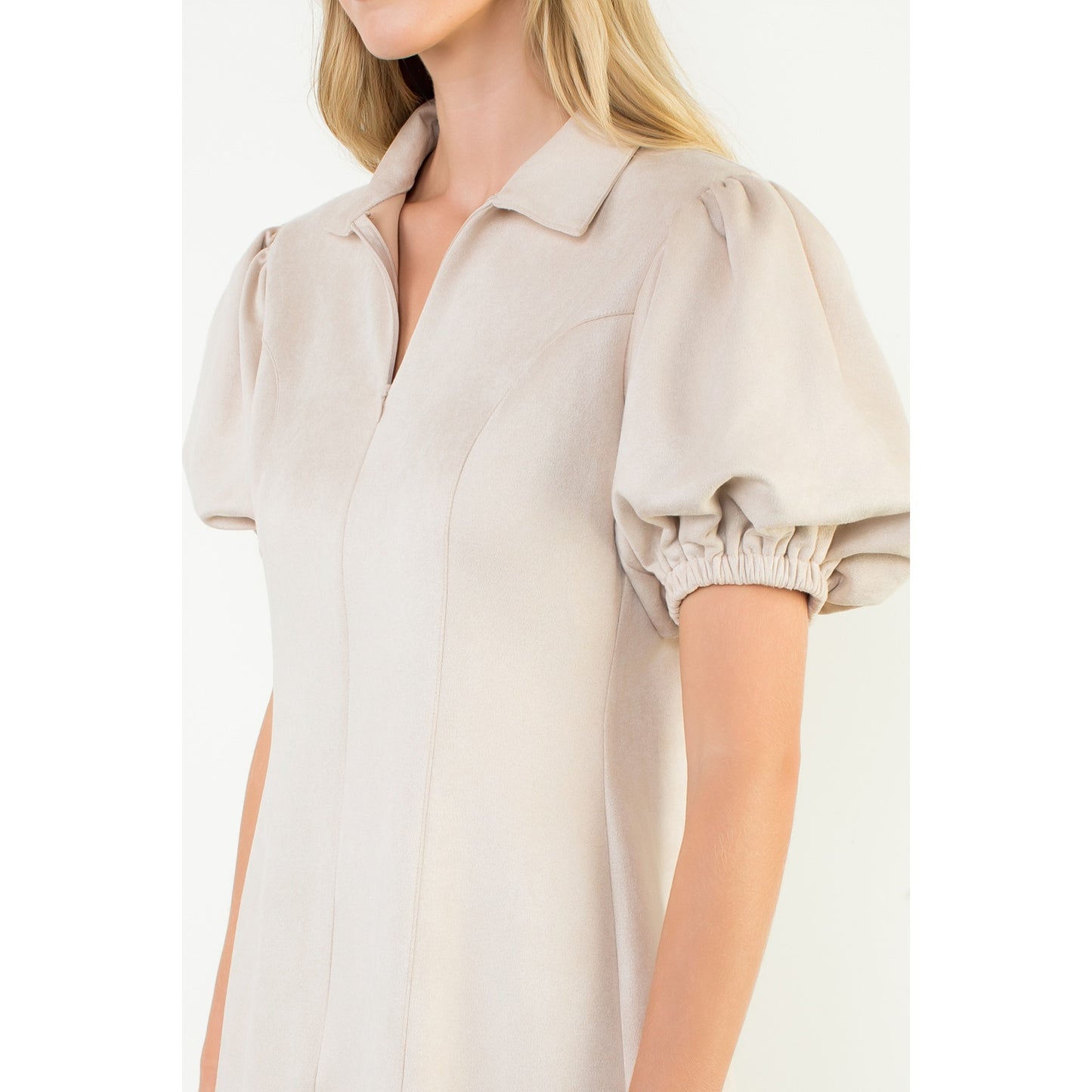 Collared Puff Sleeve Suede Dress - Cream
