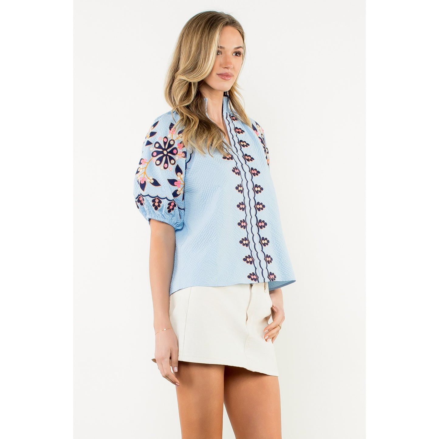 Embroidered Puff Sleeve Textured Top - Blue