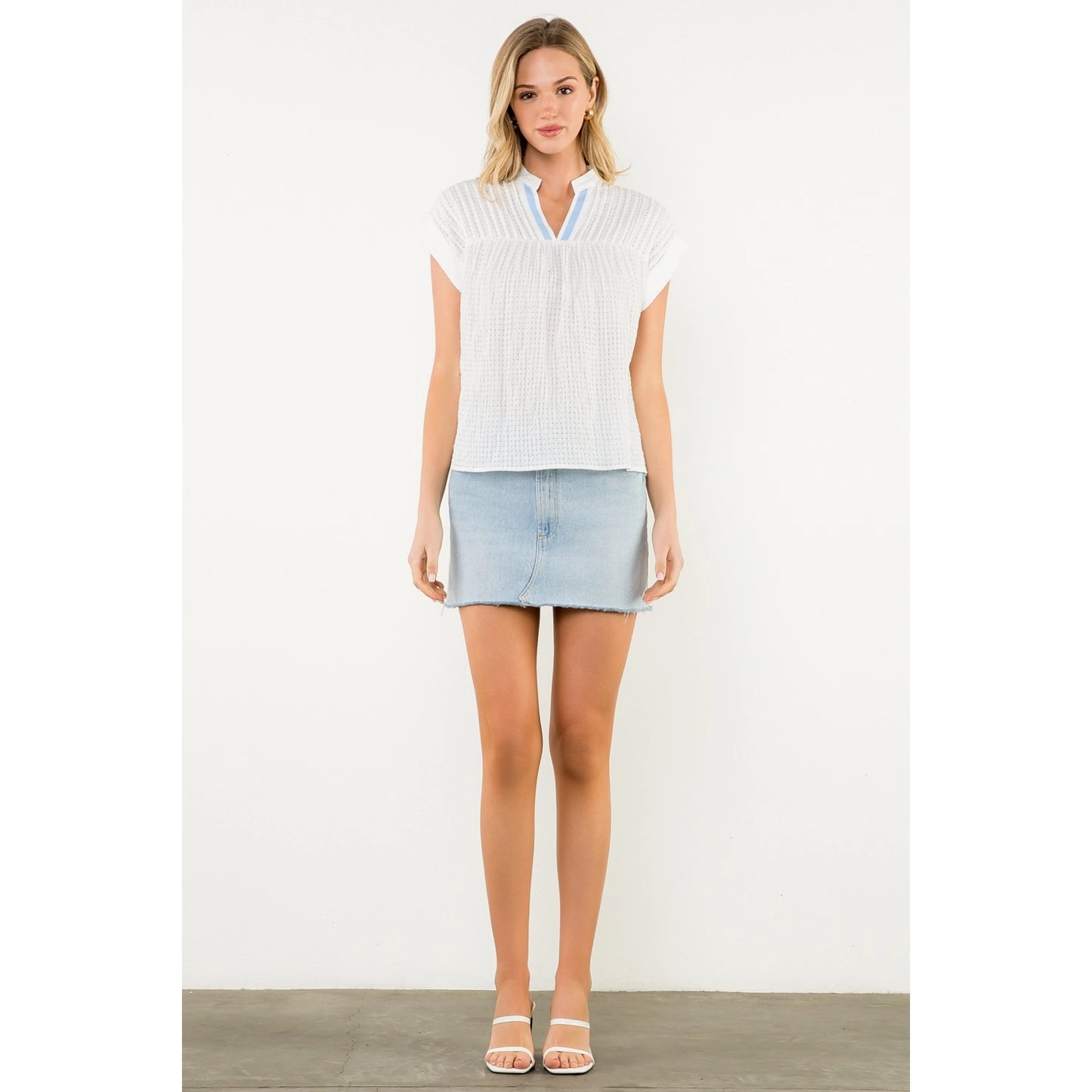 Short Sleeve Gingham Top - White