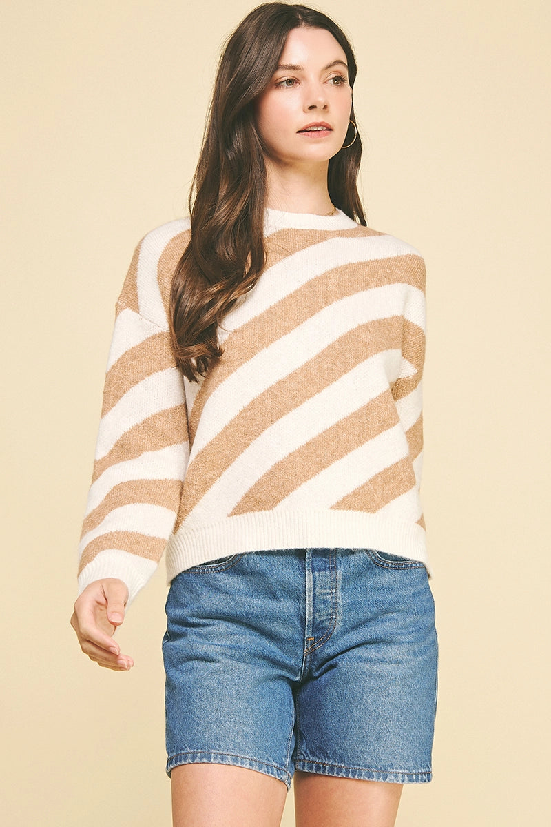 Diagonal Stripe Knit Sweater - Cream/Taupe