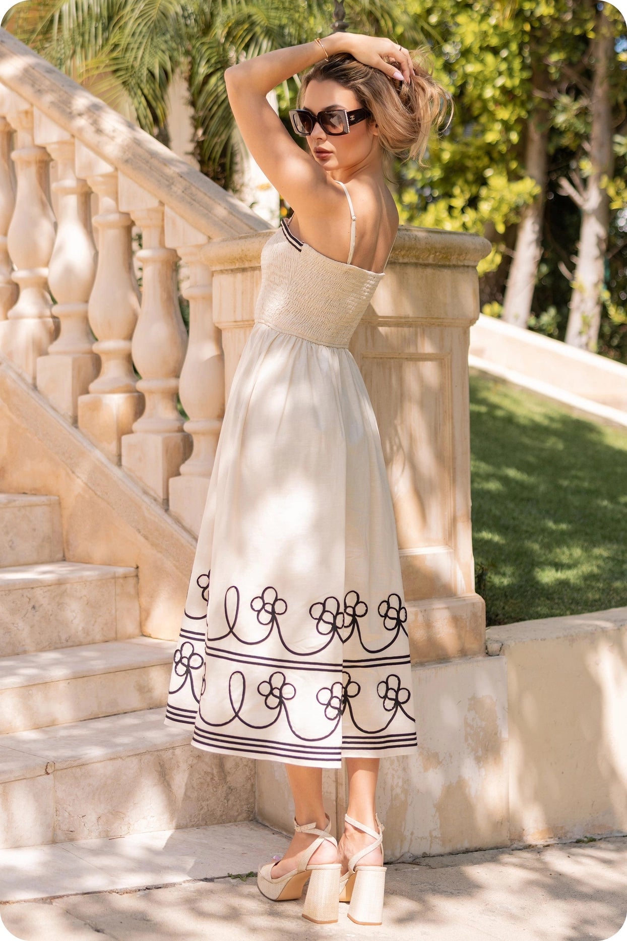 Contrast Embroidered Trim Linen Midi Dress - Ecru/Black