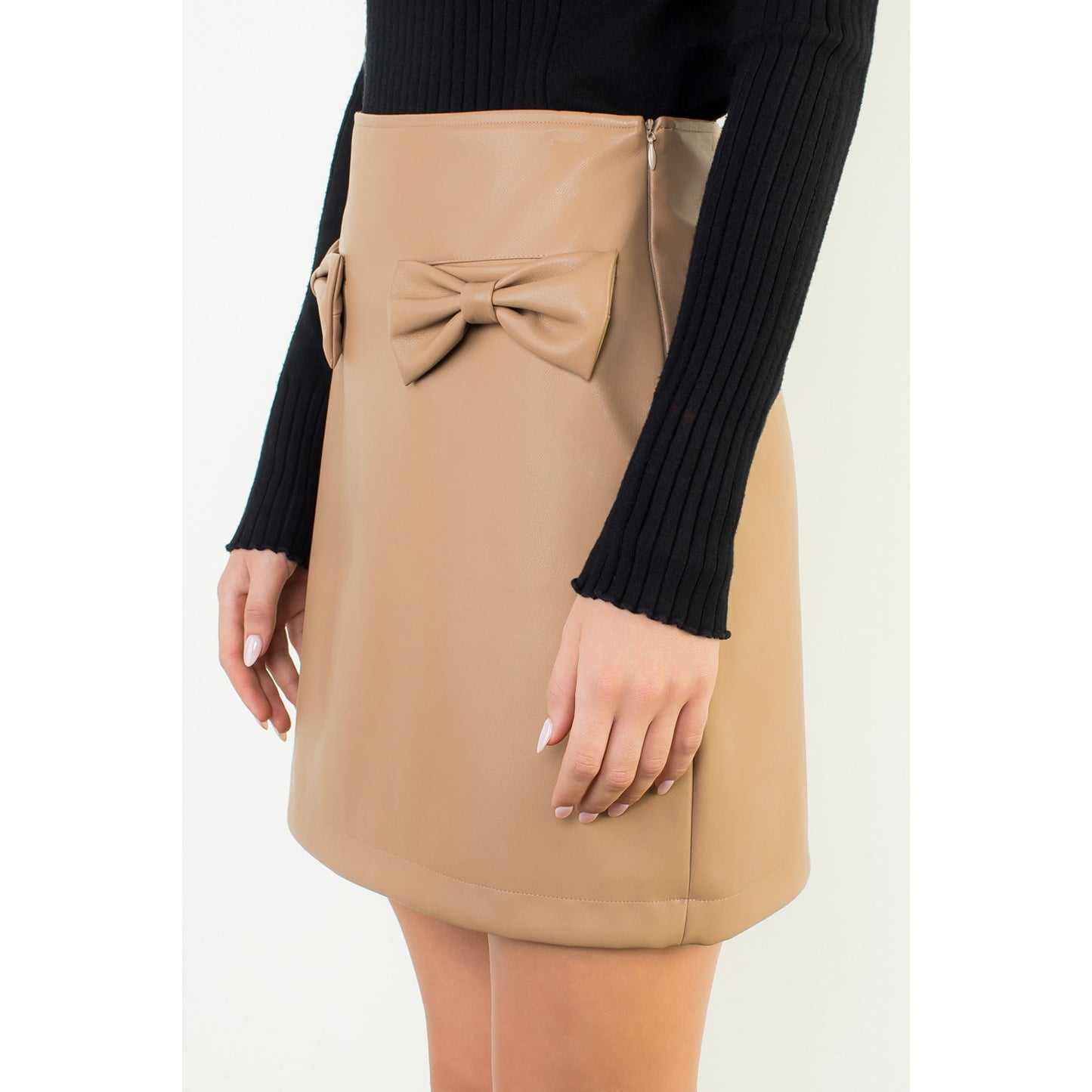 Bow Detail Faux Leather Mini Skirt - Beige