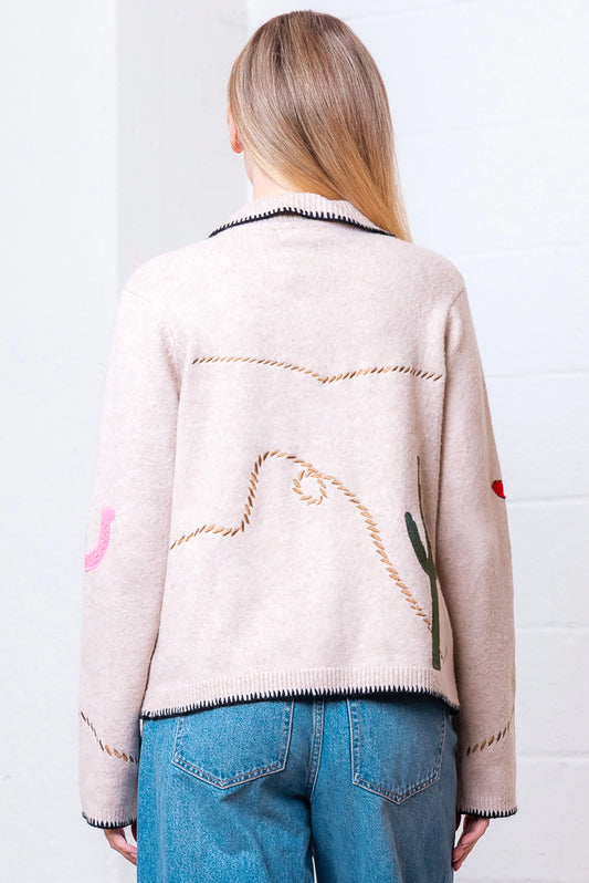 Western Embroidery Sweater Jacket - Oatmeal