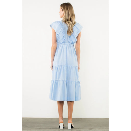 Striped Flutter Tiered Maxi Dress - Light Blue