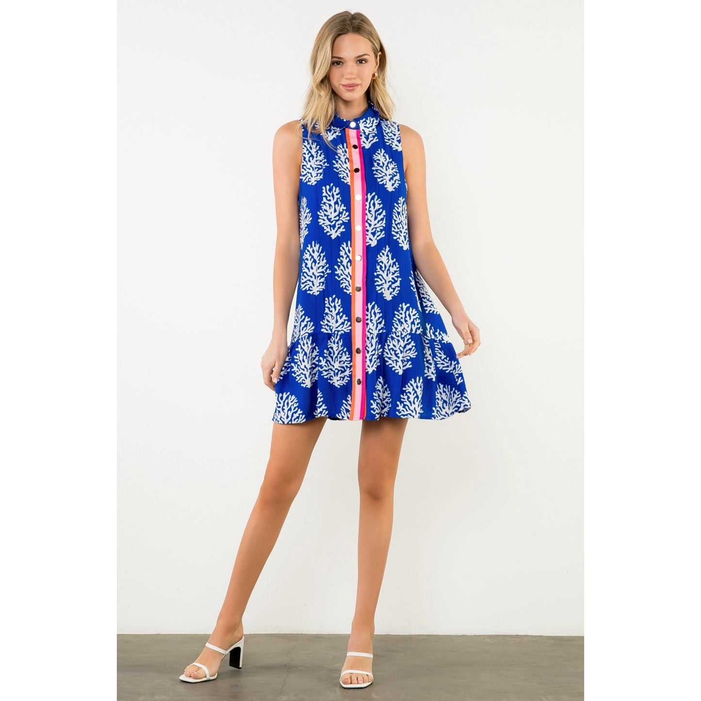 Pleated Button Front Coral Print Dress - Blue