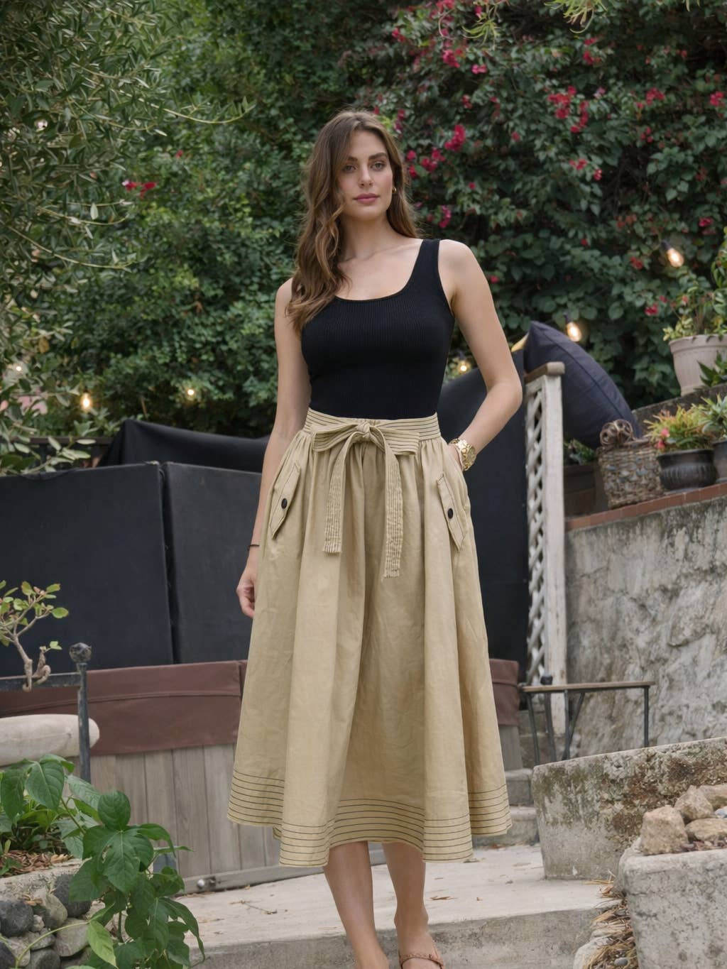 belted pleated midi dress Sleeveless Skirt Belted Select Color:Olive dry clean product-type-high-neck-tankini-top 25 Art Deco Outfit
