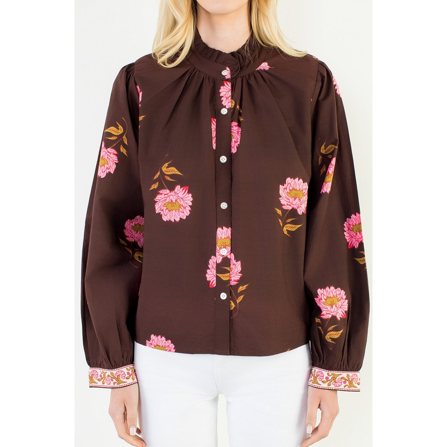 Long Sleeve Floral Top with Pattern Cuffs - Brown