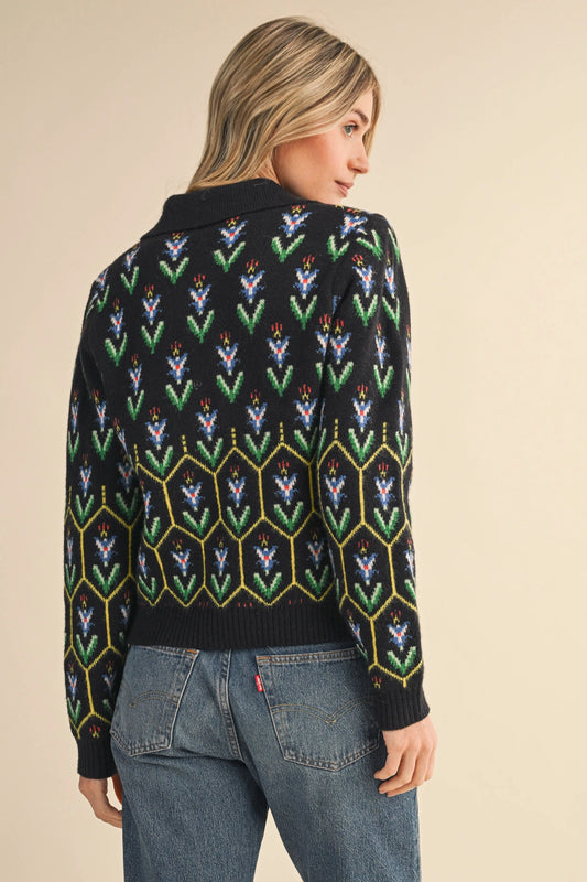 Floral Knit Collared Sweater Cardigan - Black Multi