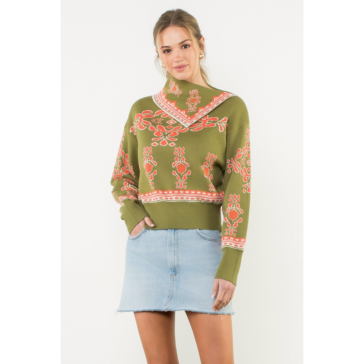Long Sleeve Print Sweater - Olive