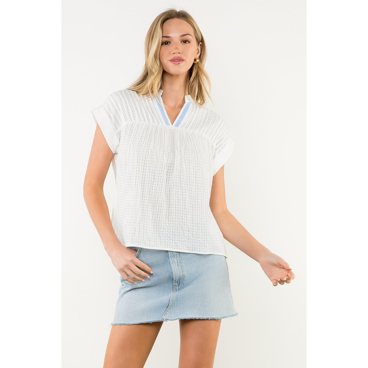 Short Sleeve Gingham Top - White