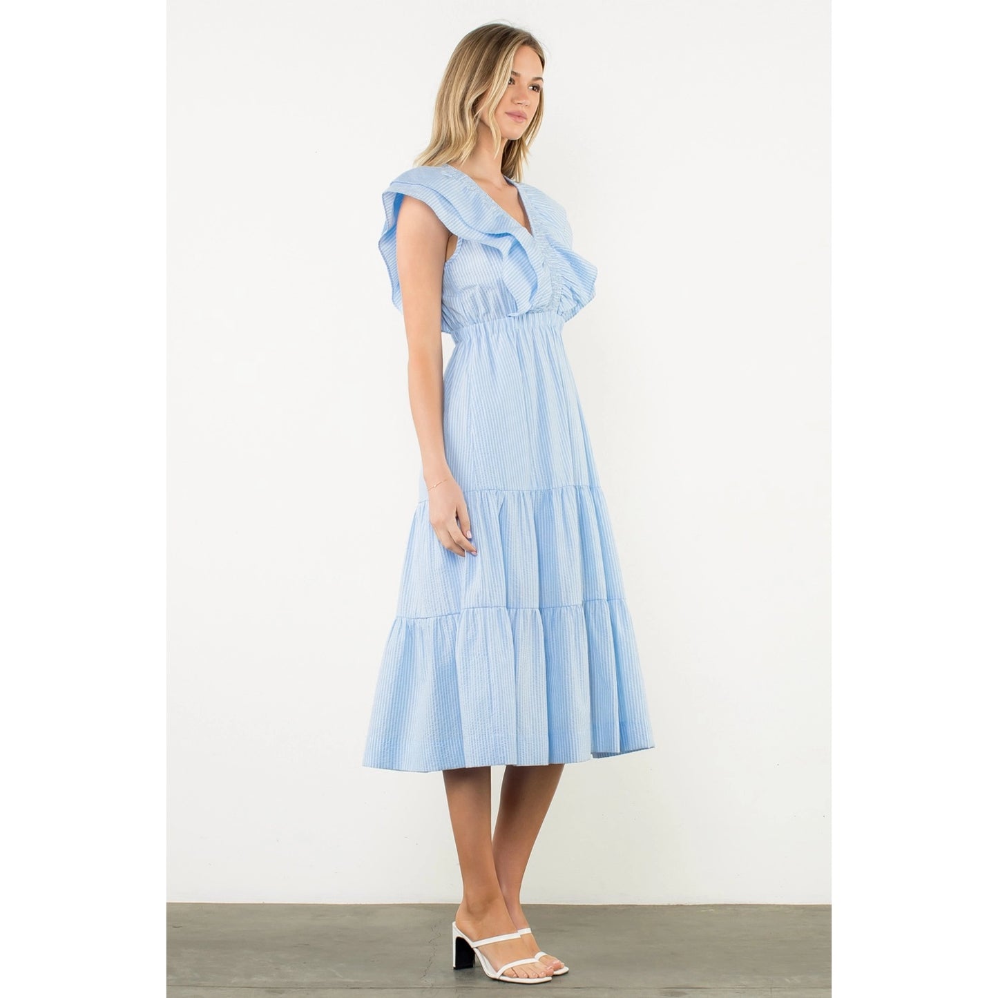 Striped Flutter Tiered Maxi Dress - Light Blue