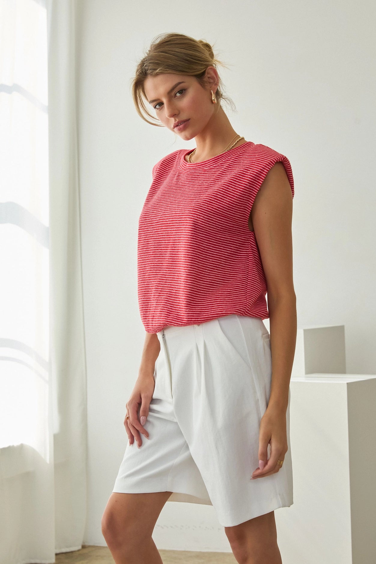 Stripe Knit Bubble Hem Tank Top - Red