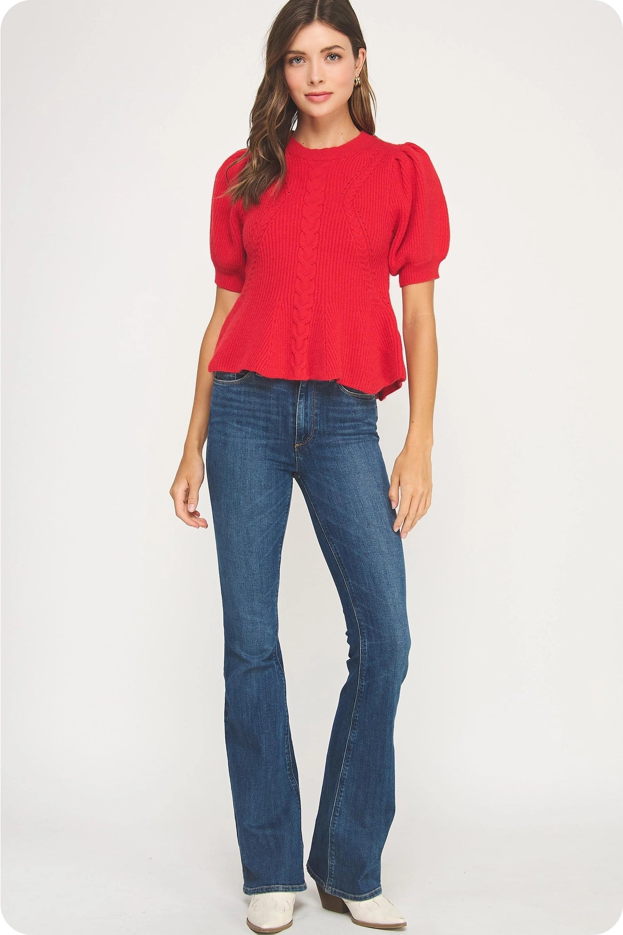 Flared Puff Sleeve Knit Top - Red