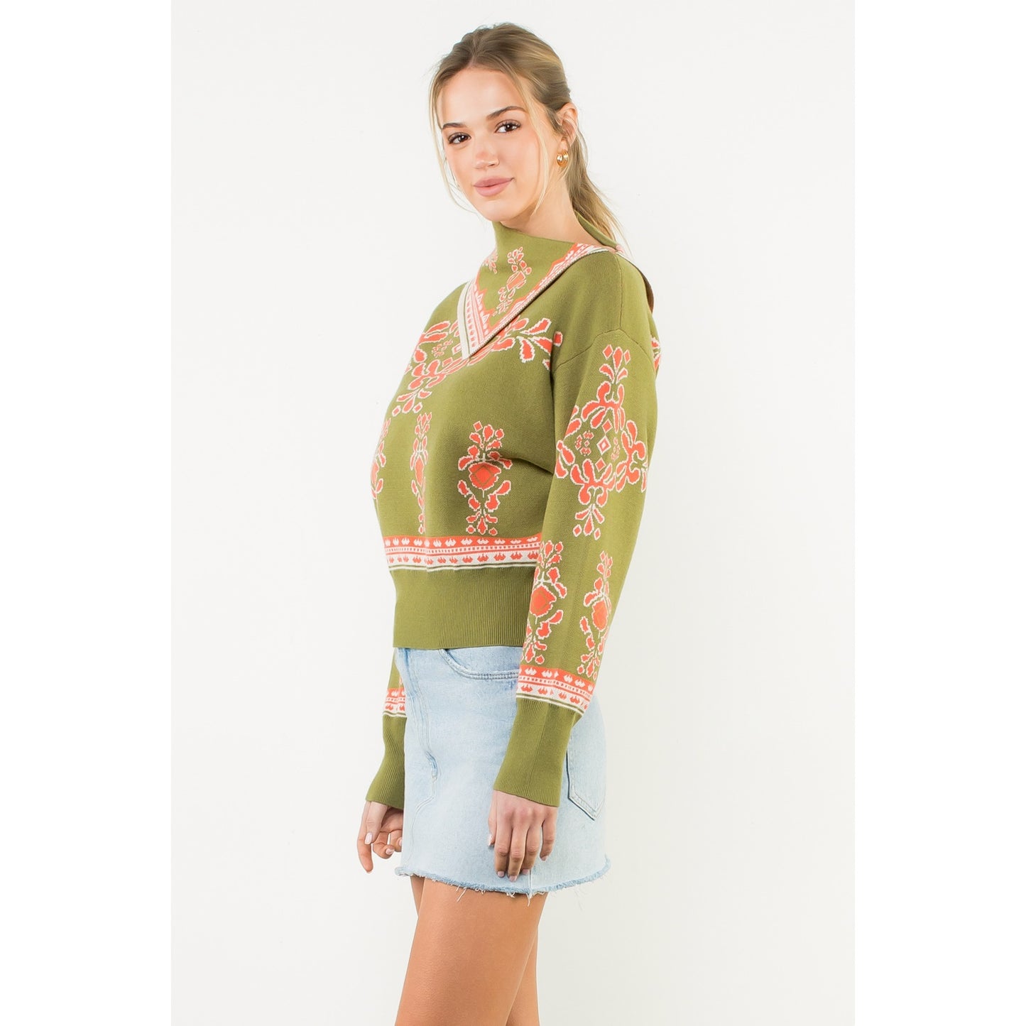 Long Sleeve Print Sweater - Olive