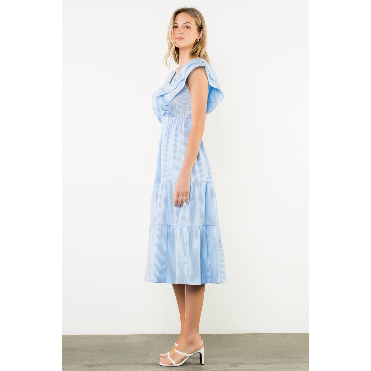 Striped Flutter Tiered Maxi Dress - Light Blue