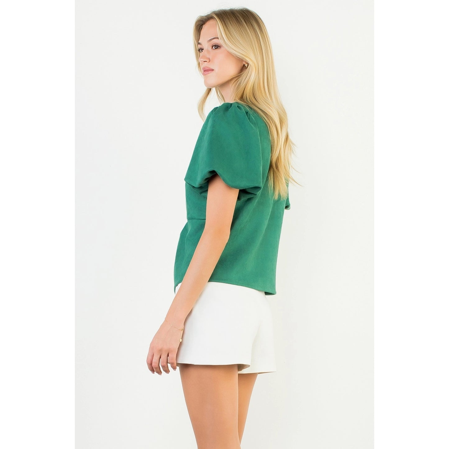 Puff Sleeve Twisted Detail Suede Top - Green