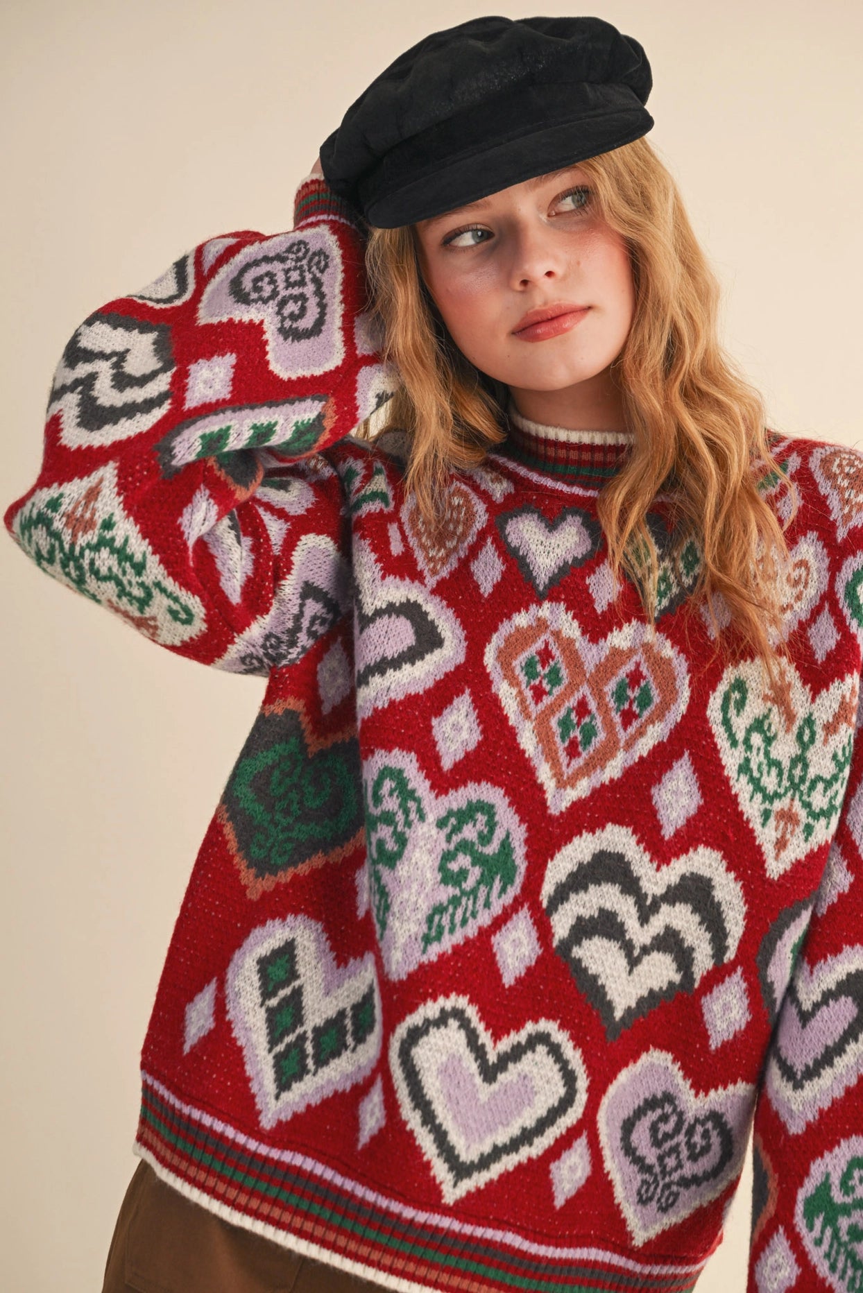 Heart Pattern Pullover Sweater - Brown Multi