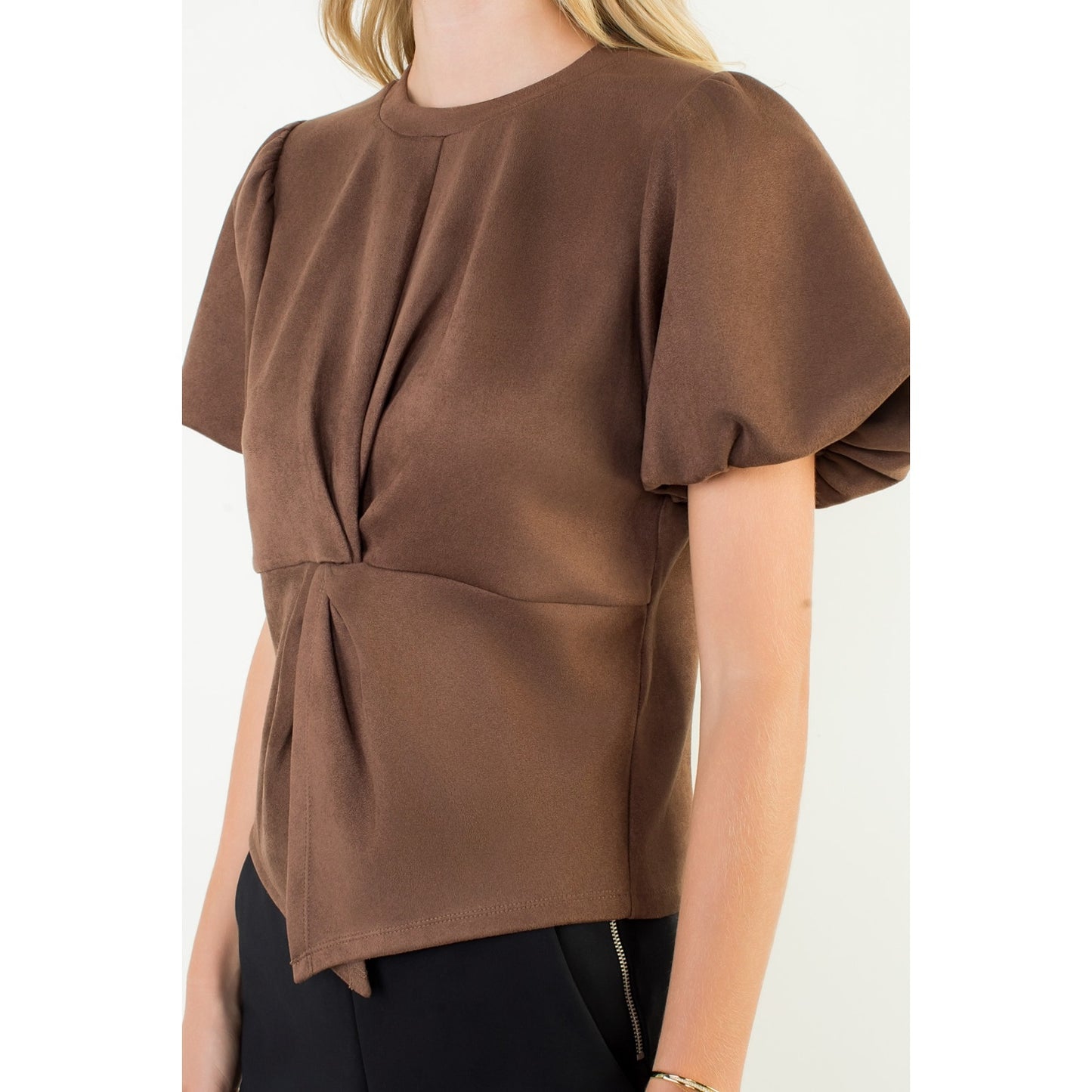 Puff Sleeve Twisted Detail Suede Top - Brown