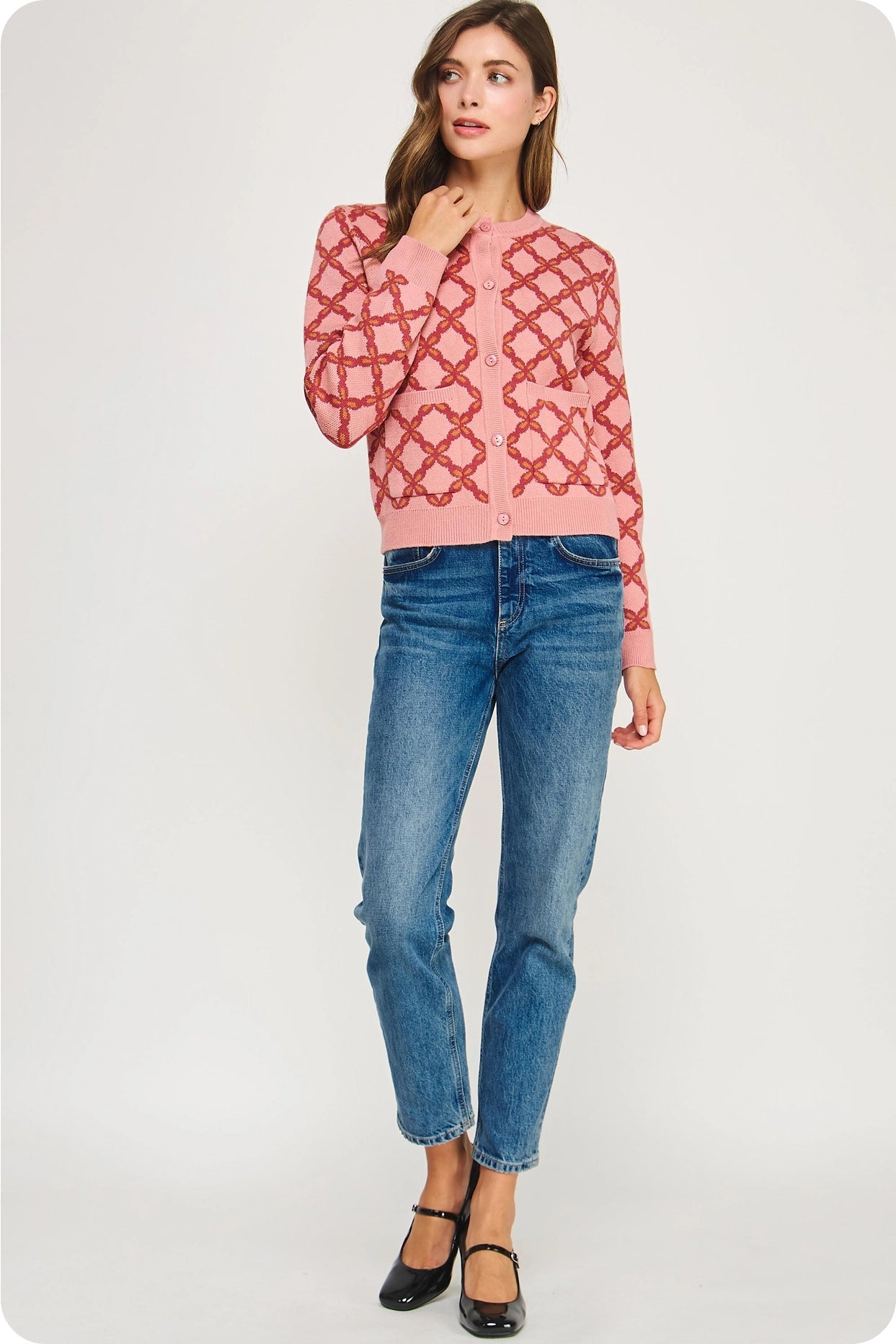Chainlink Intarsia Cardigan Sweater - Mauve Multi