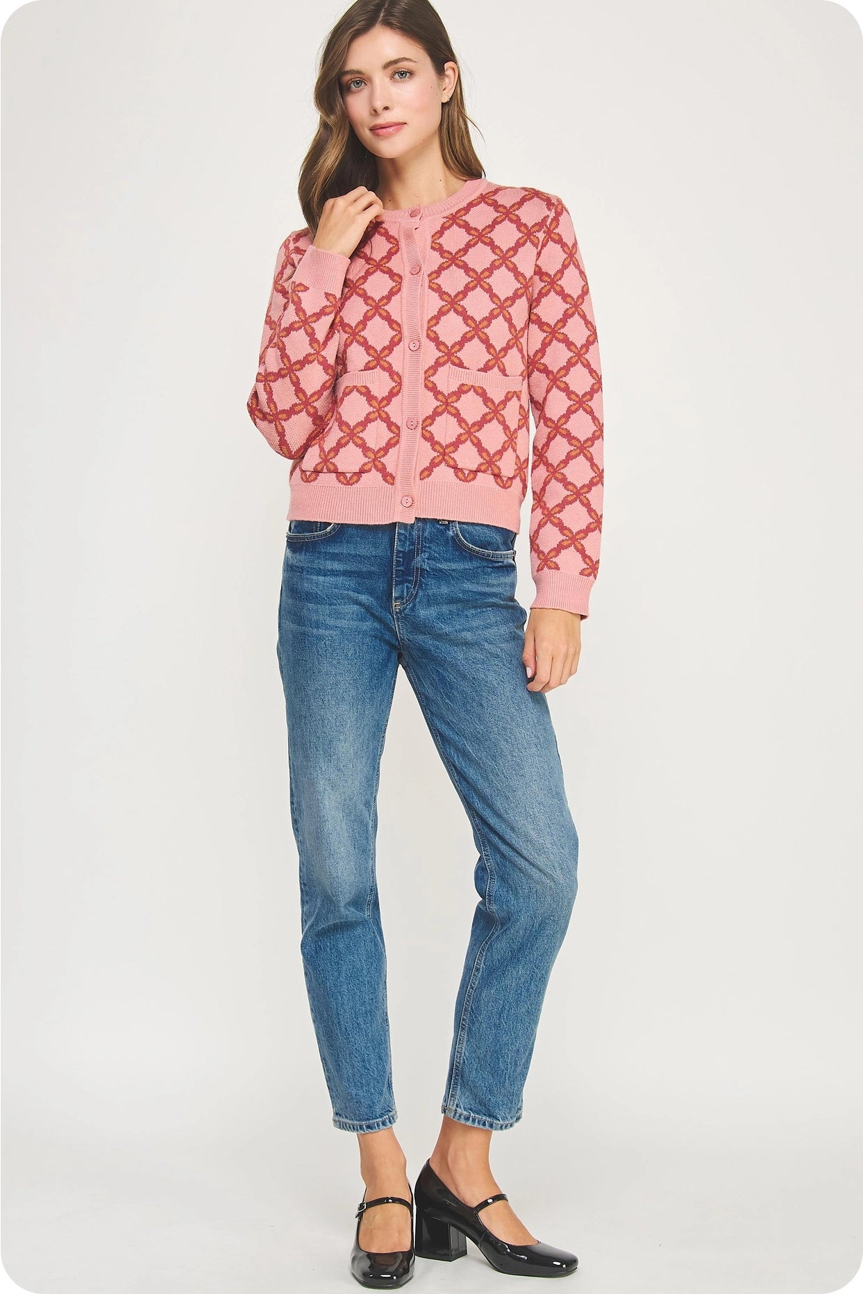 Chainlink Intarsia Cardigan Sweater - Mauve Multi