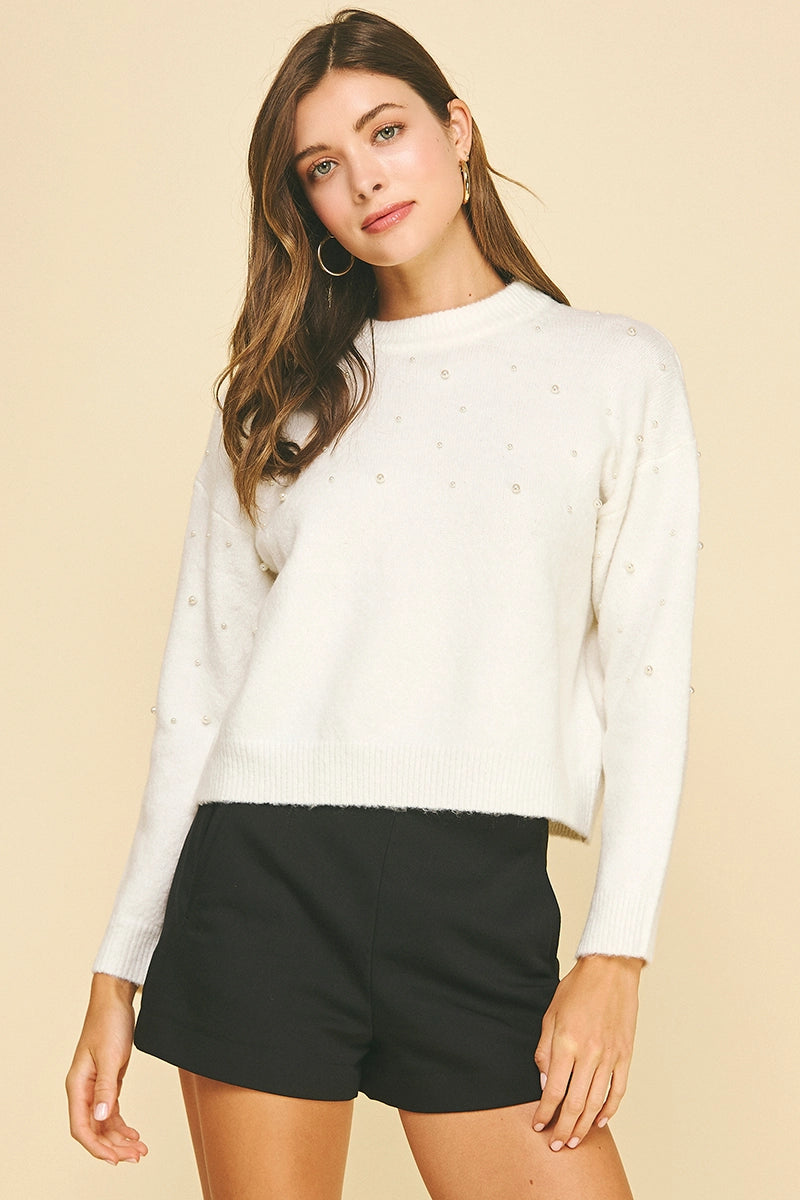 Pearl Embroidered Knit Sweater - Ivory