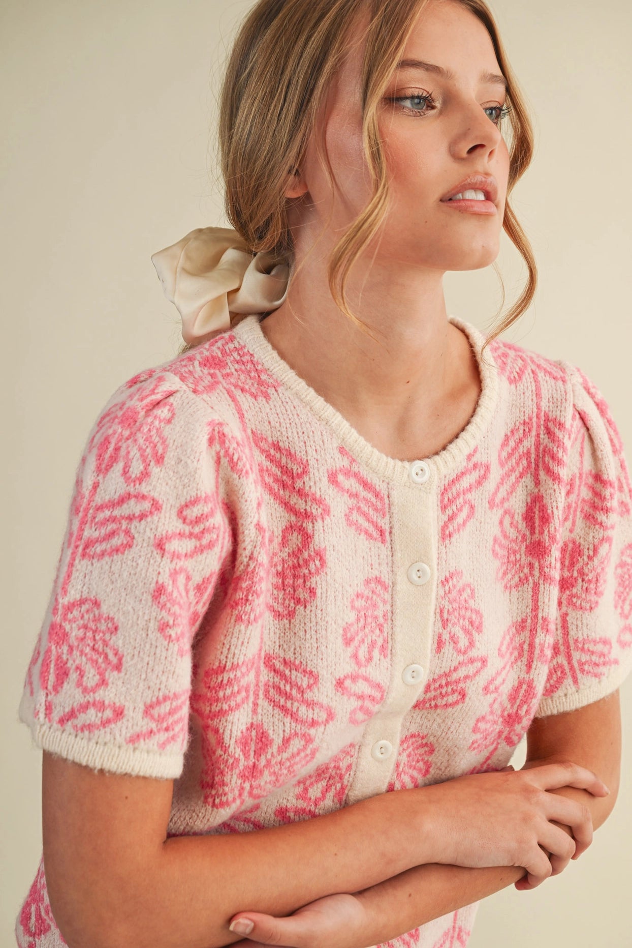 Floral Knit Short Puff Sleeve Sweater Cardigan - Pink