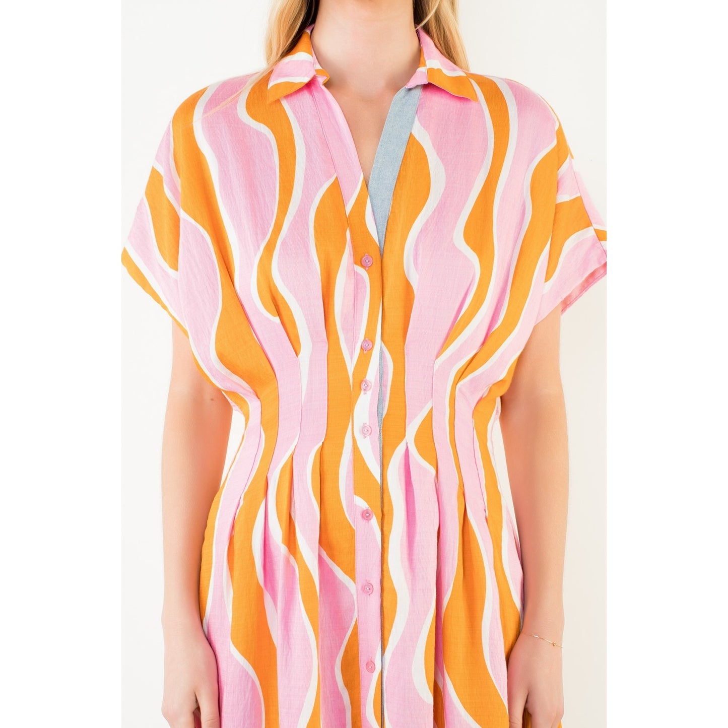 Short Sleeve Wavy Striped Pattern Dress - Pink