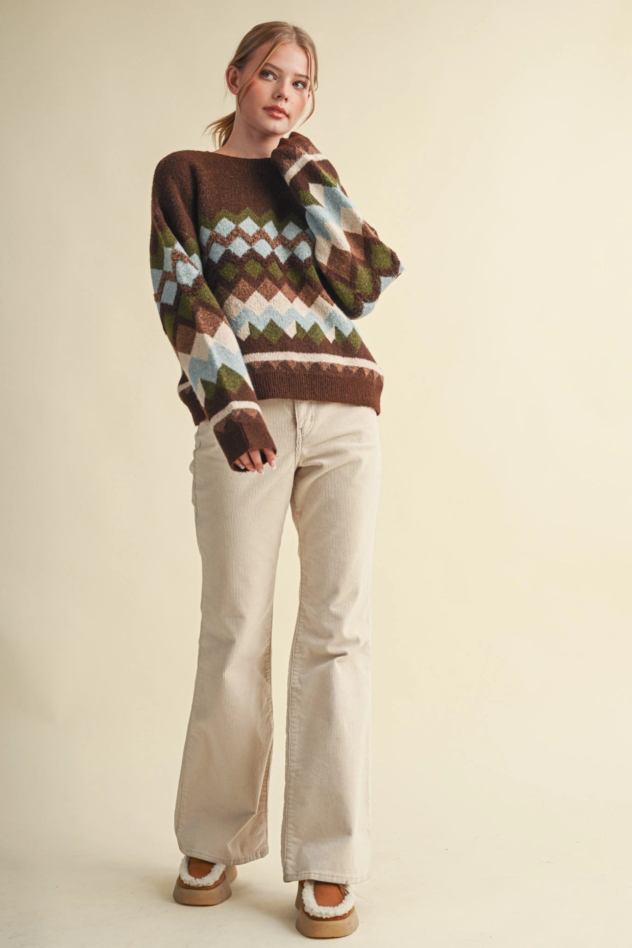 Fuzzy Texture Geometric Knit Sweater - Brown Multi