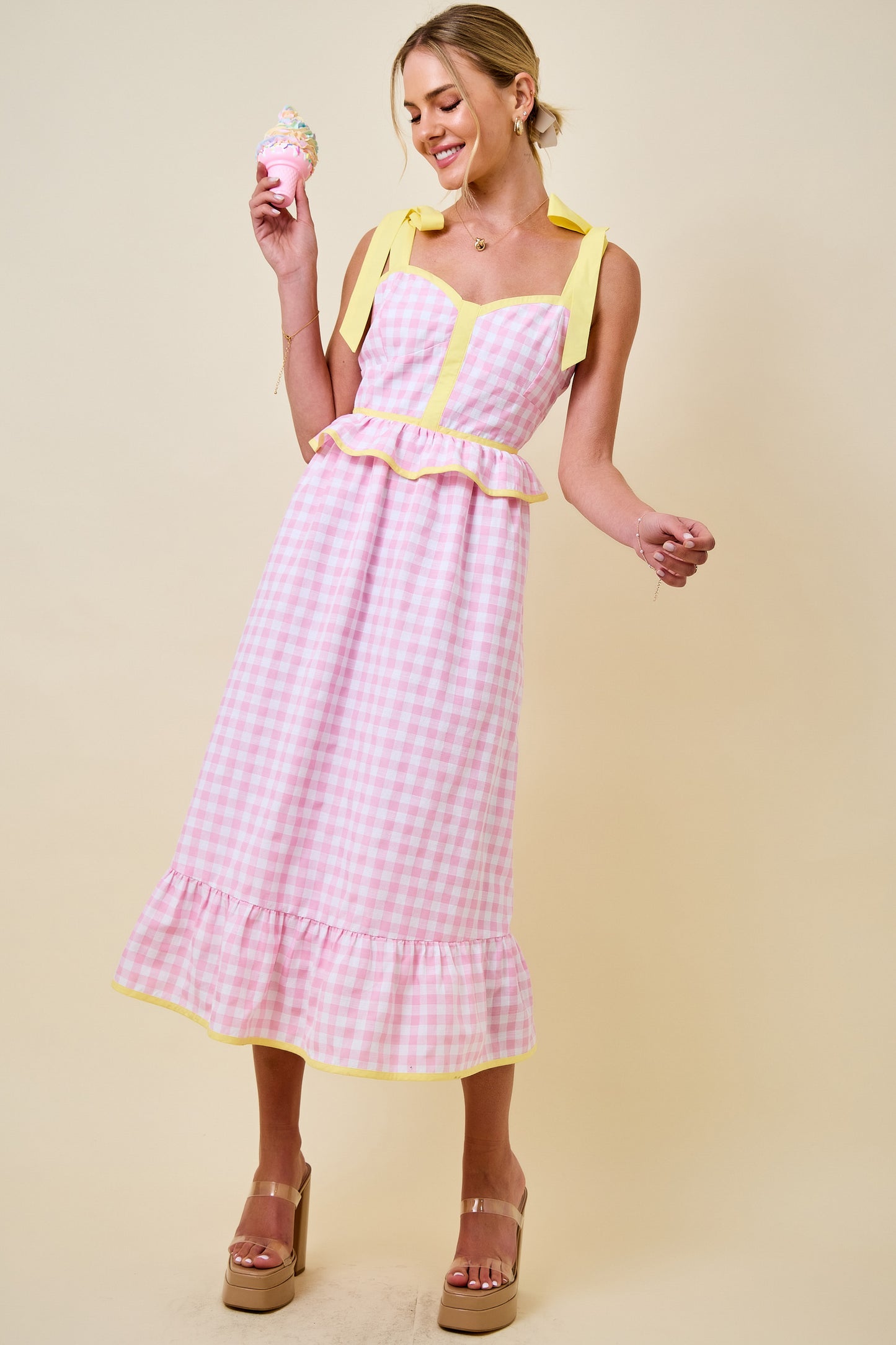 Sweetheart Gingham Corset Midi Dress w/ Ruffle Details - Pink/Lemon