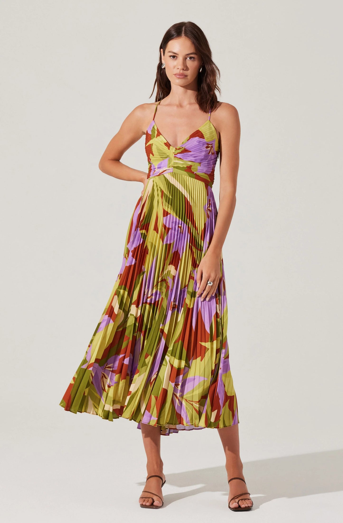 Blythe Floral Plisse Midi Dress - Green Rust Floral