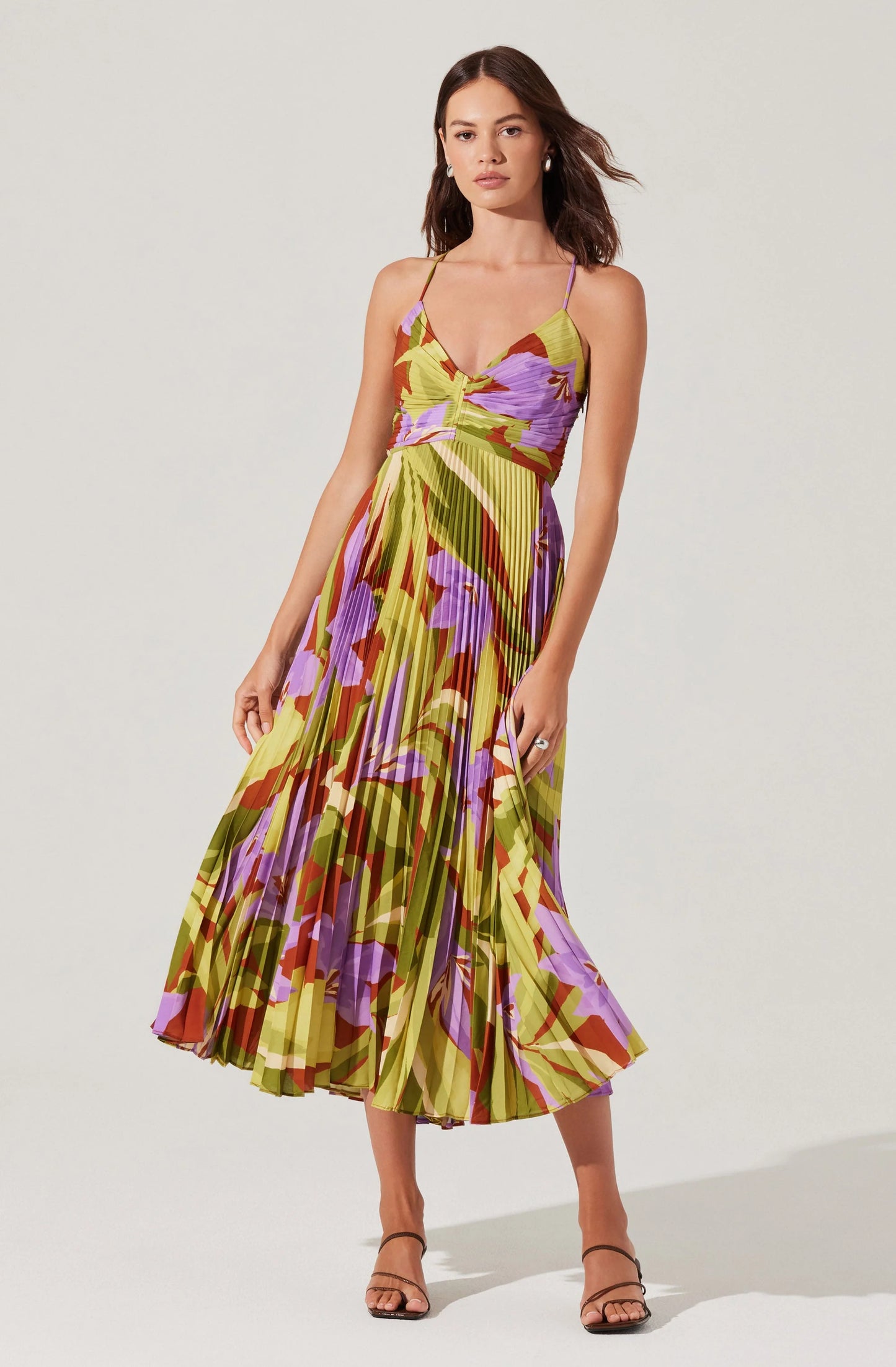 Blythe Floral Plisse Midi Dress - Green Rust Floral