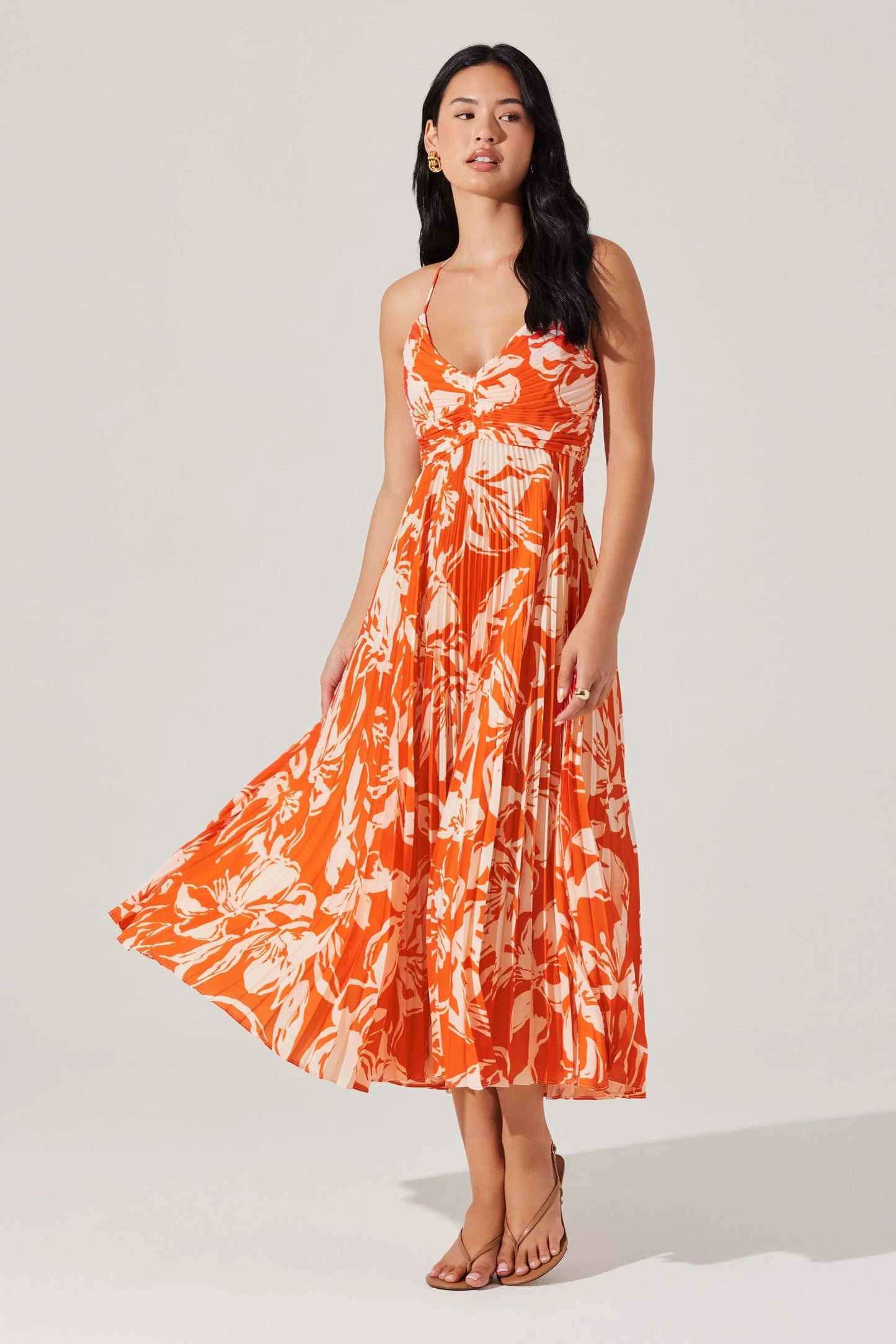 Blythe Floral Plisse Midi Dress - Hot Orange Floral
