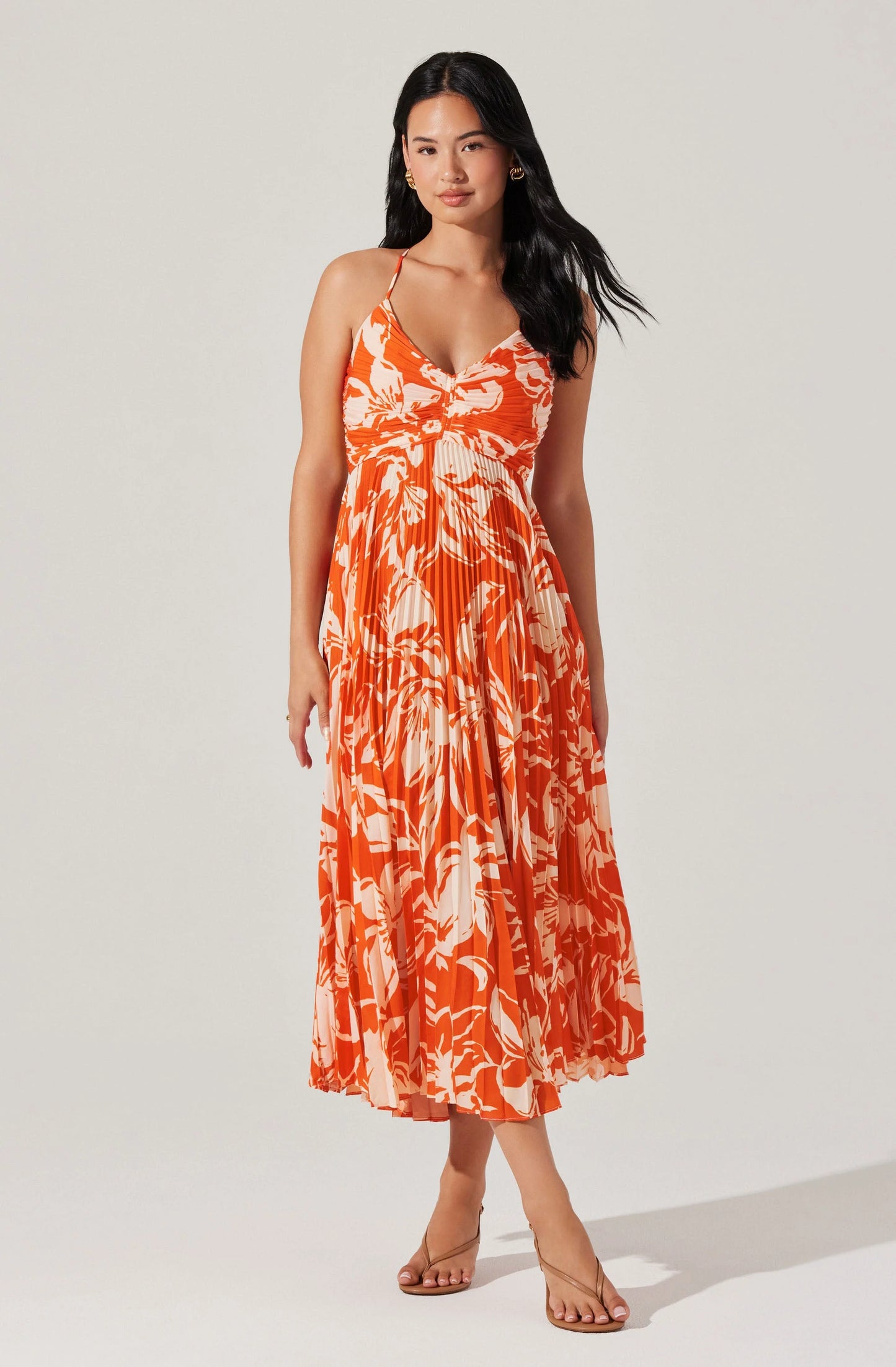 Blythe Floral Plisse Midi Dress - Hot Orange Floral