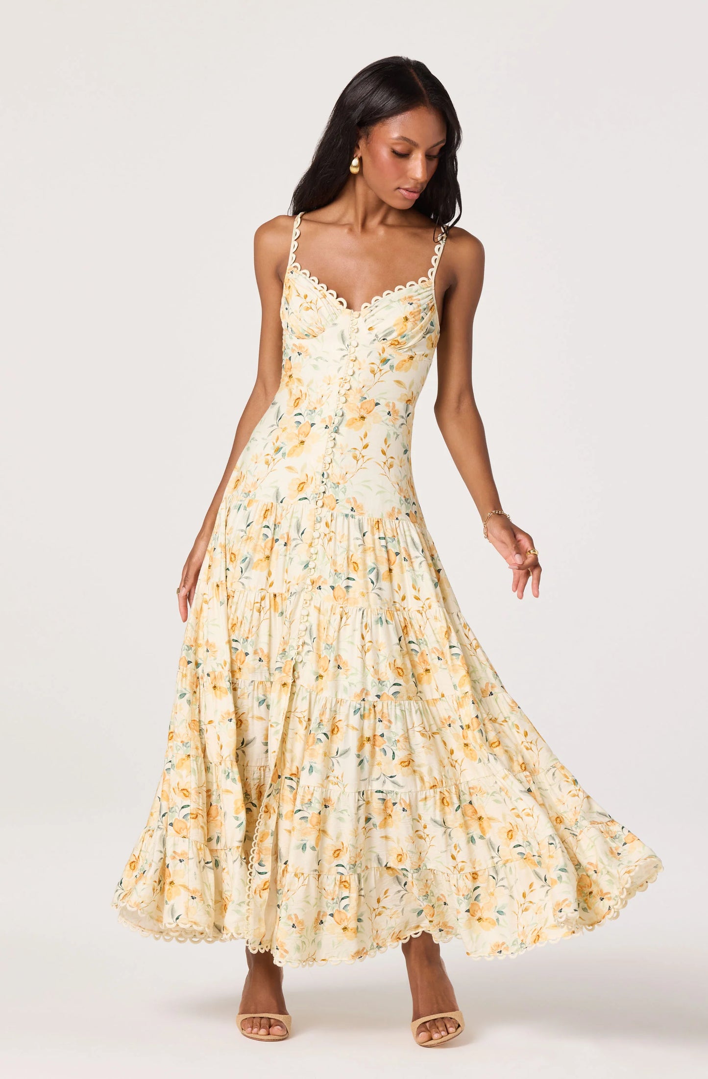 Tazia Scalloped Sweetheart Maxi Dress - Yellow Cream Floral