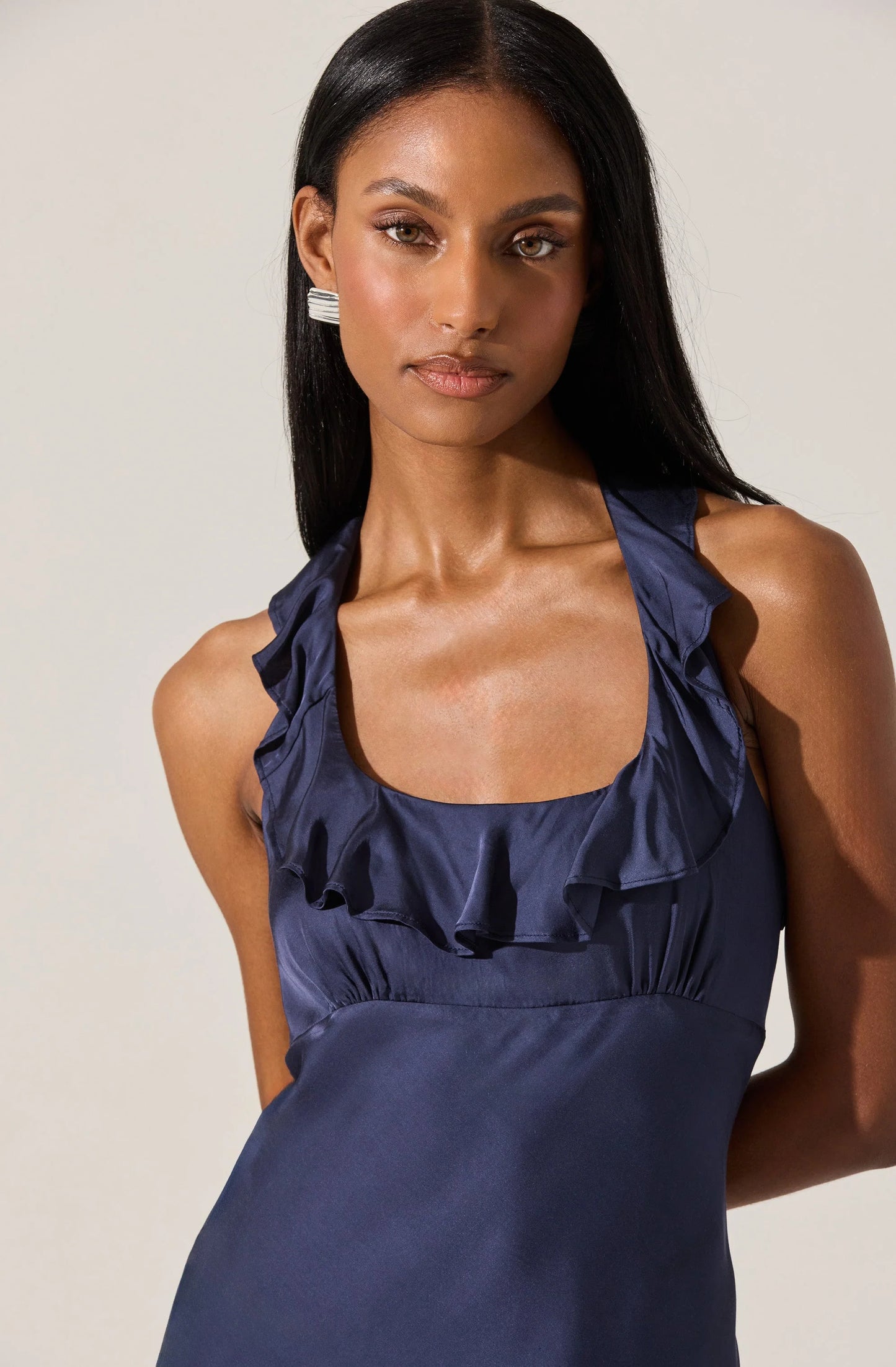 Morrigan Ruffle Trim Halter Dress - Navy