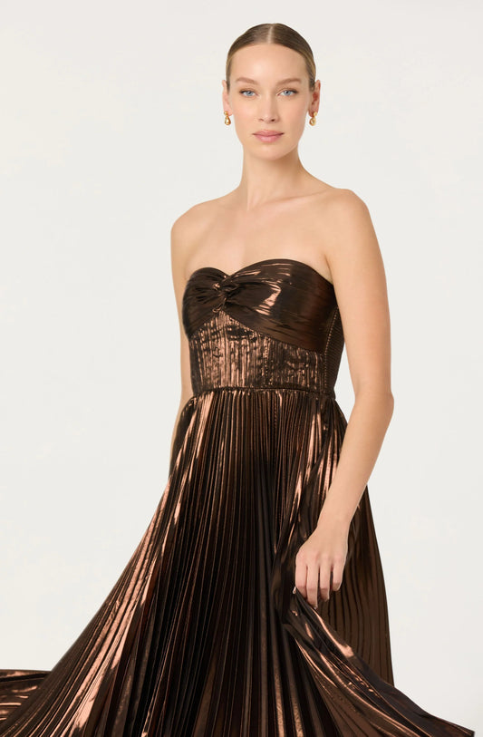 Ascella Pleated Midi Dress - Metallic Brown